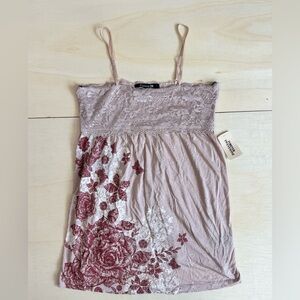 VTG Forever 21 Y2K Pink Lace Trim Cami Top Floral Butterfly Boho Fairy